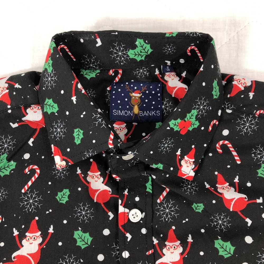 Simon Banks Shirt‎ Men's Small 15 Black Christmas Santa Long Sleeve Button Up